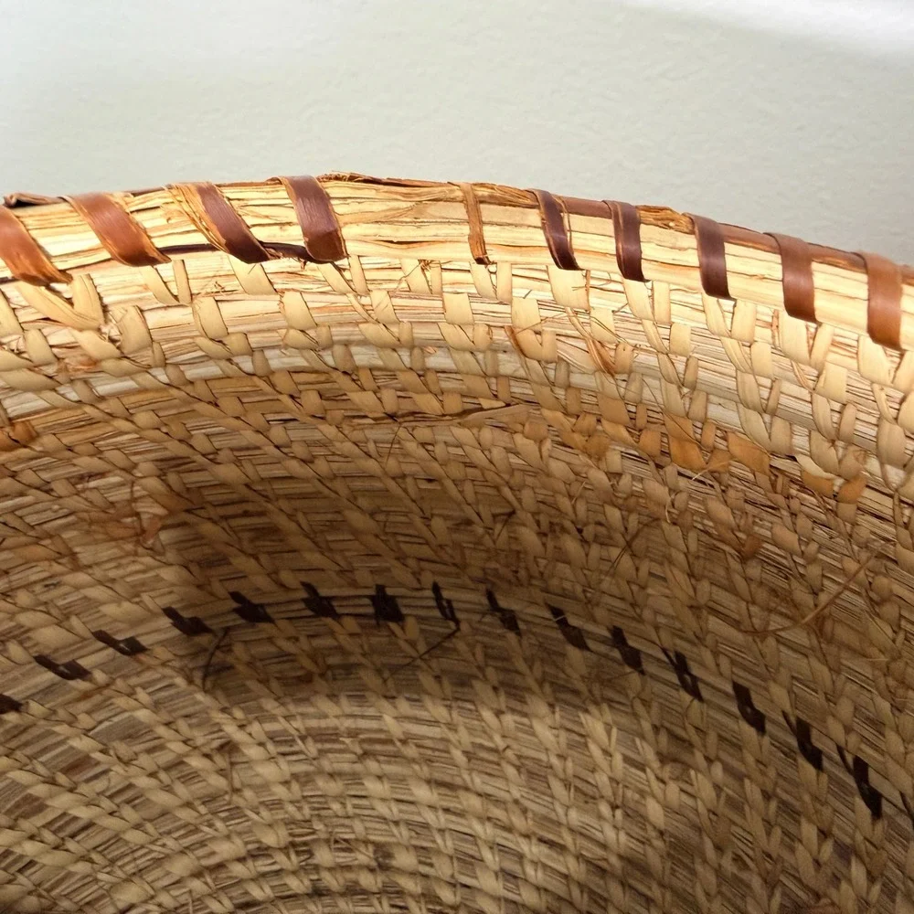 Vintage Handwoven Coil Basket Large Tan Brown Boho Decor Folk Art Size 11in Wide